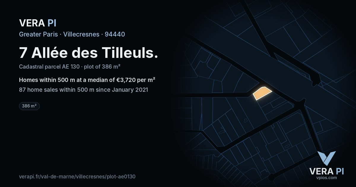 7 Allée des Tilleuls, Villecresnes at night – the plot lit, the parcels around coloured by the prices near them