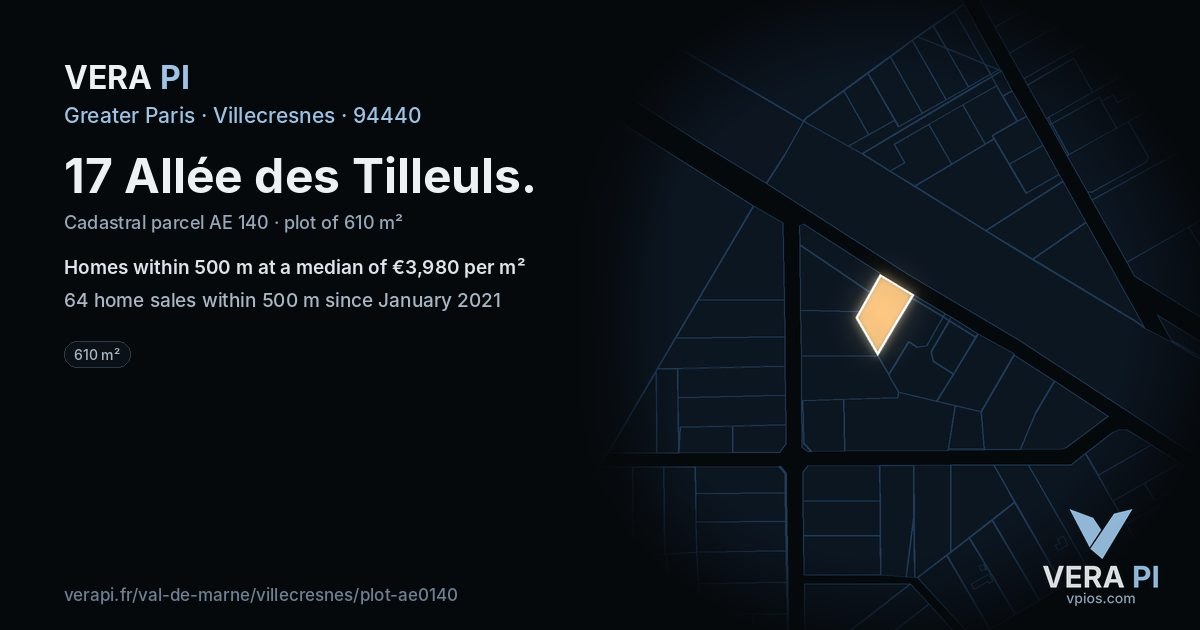 17 Allée des Tilleuls, Villecresnes at night – the plot lit, the parcels around coloured by the prices near them