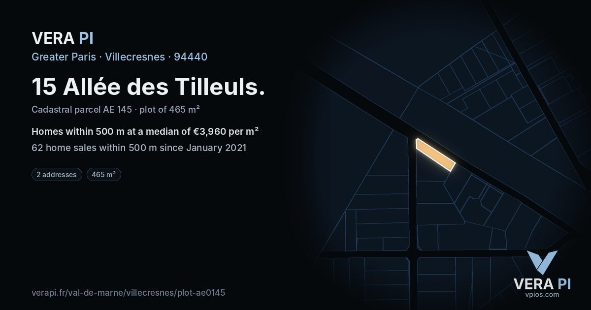 15 Allée des Tilleuls, Villecresnes at night – the plot lit, the parcels around coloured by the prices near them