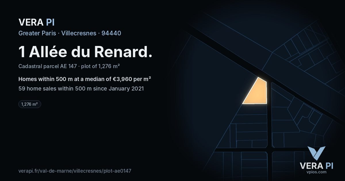 1 Allée du Renard, Villecresnes at night – the plot lit, the parcels around coloured by the prices near them