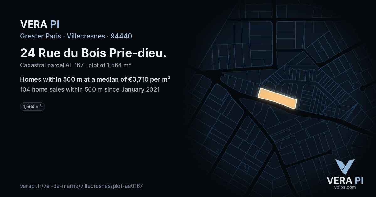 24 Rue du Bois Prie-dieu, Villecresnes at night – the plot lit, the parcels around coloured by the prices near them