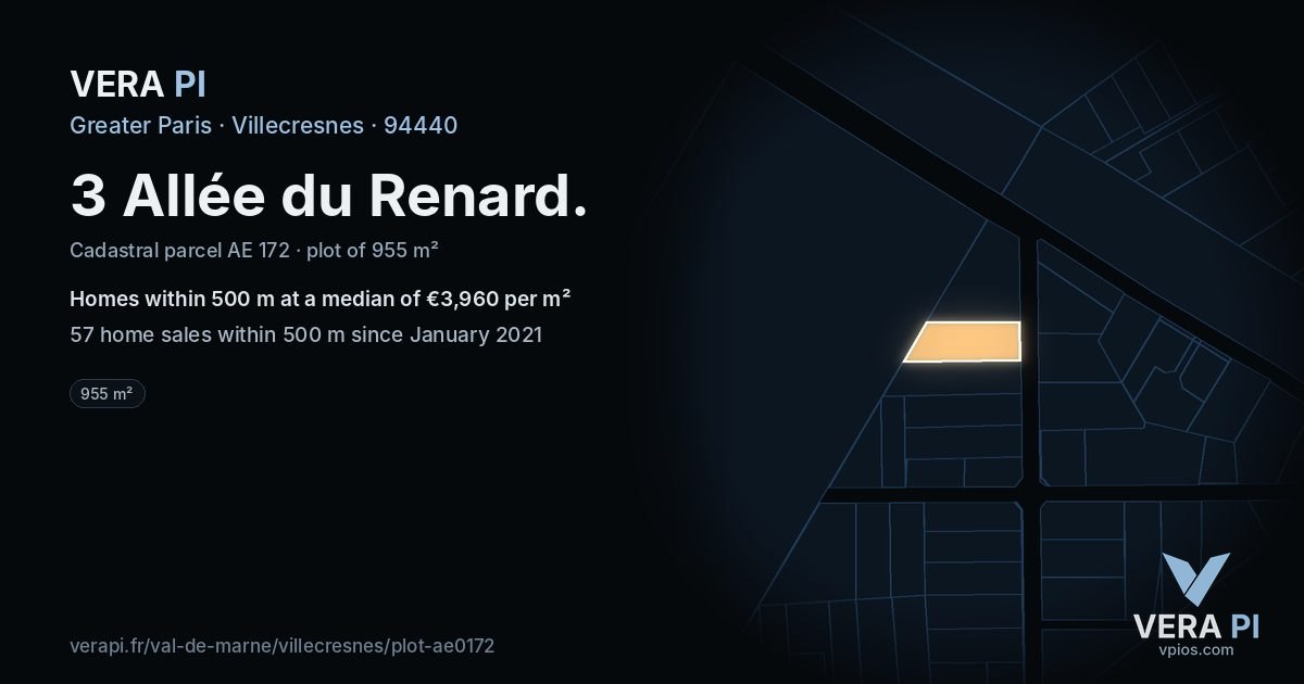 3 Allée du Renard, Villecresnes at night – the plot lit, the parcels around coloured by the prices near them