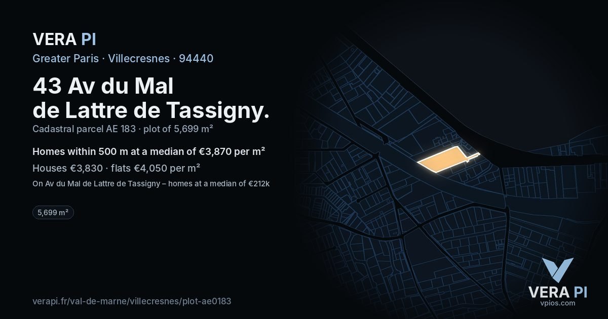 43 Av du Mal de Lattre de Tassigny, Villecresnes at night – the plot lit, the parcels around coloured by the prices near them