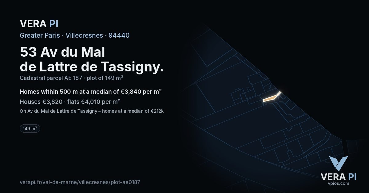 53 Av du Mal de Lattre de Tassigny, Villecresnes at night – the plot lit, the parcels around coloured by the prices near them