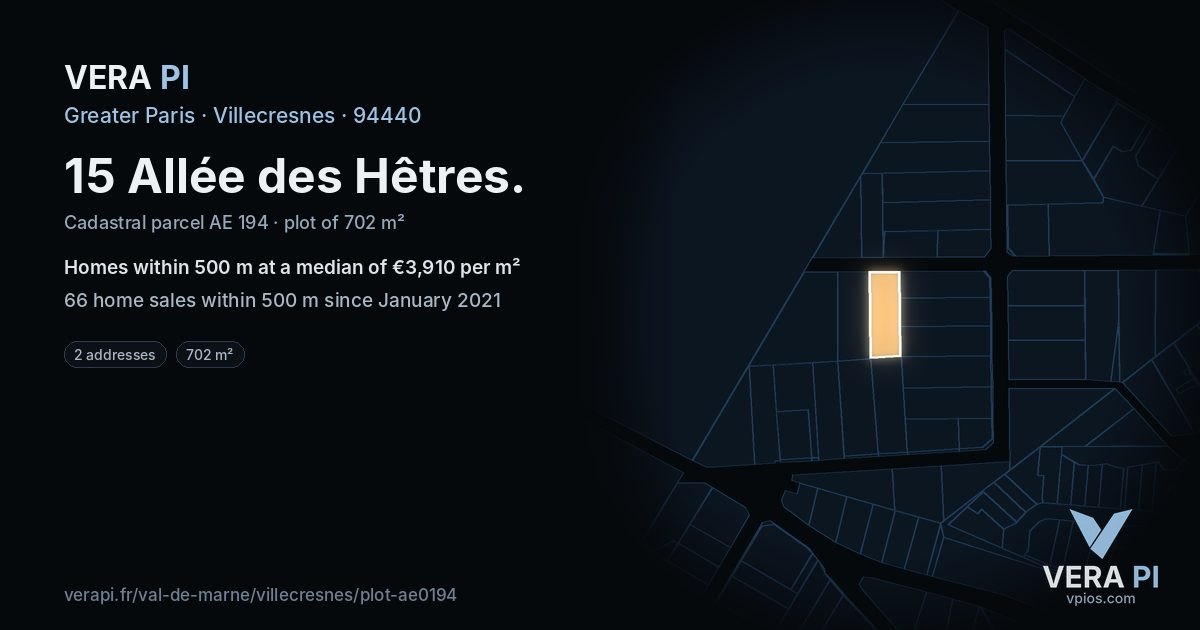 15 Allée des Hêtres, Villecresnes at night – the plot lit, the parcels around coloured by the prices near them