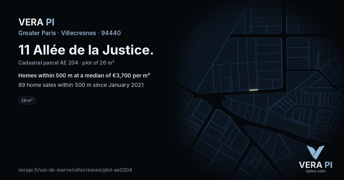 11 Allée de la Justice, Villecresnes at night – the plot lit, the parcels around coloured by the prices near them