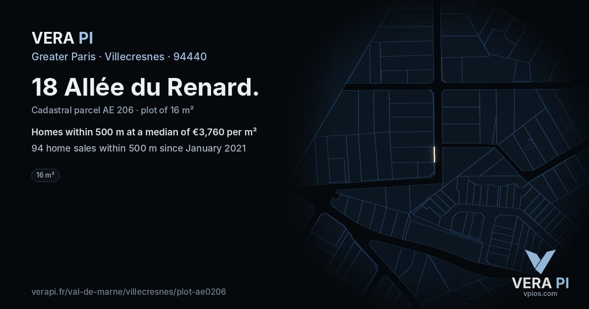 18 Allée du Renard, Villecresnes at night – the plot lit, the parcels around coloured by the prices near them