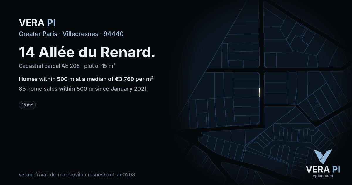14 Allée du Renard, Villecresnes at night – the plot lit, the parcels around coloured by the prices near them