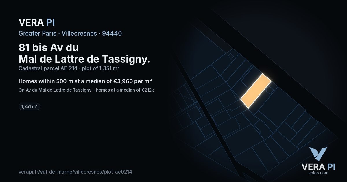 81 bis Av du Mal de Lattre de Tassigny, Villecresnes at night – the plot lit, the parcels around coloured by the prices near them
