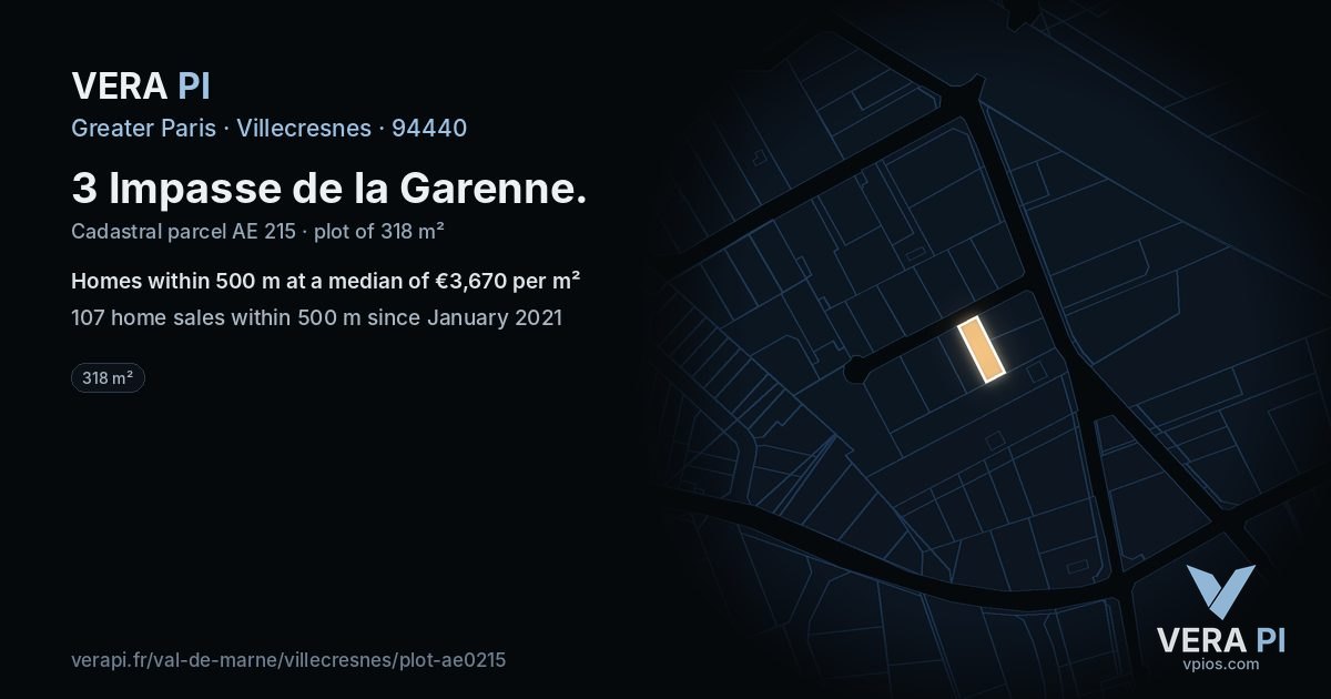 3 Impasse de la Garenne, Villecresnes at night – the plot lit, the parcels around coloured by the prices near them