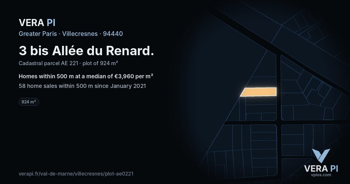3 bis Allée du Renard, Villecresnes at night – the plot lit, the parcels around coloured by the prices near them
