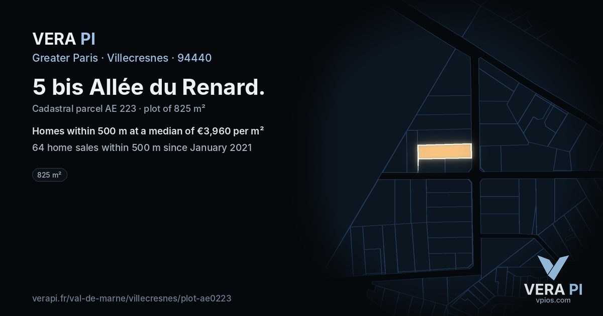 5 bis Allée du Renard, Villecresnes at night – the plot lit, the parcels around coloured by the prices near them