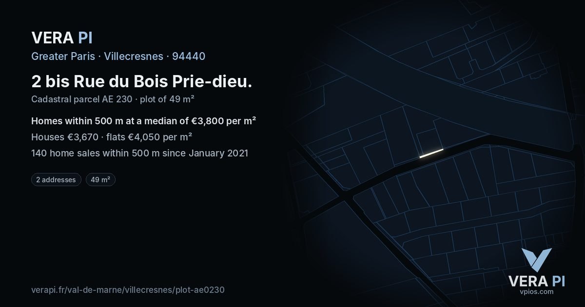 2 bis Rue du Bois Prie-dieu, Villecresnes at night – the plot lit, the parcels around coloured by the prices near them