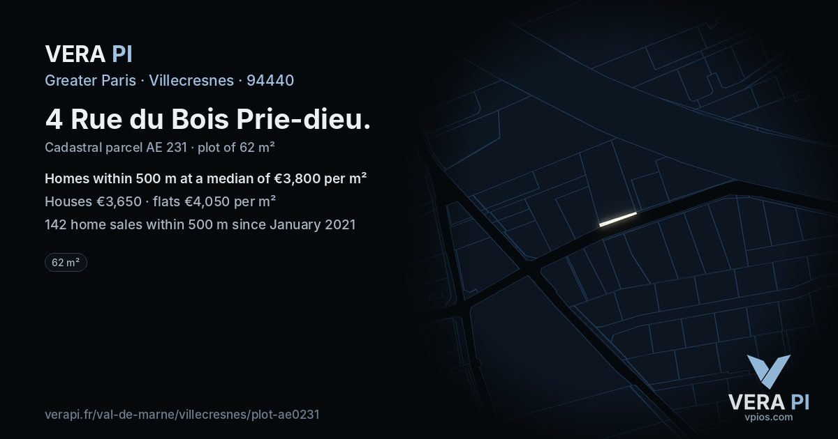 4 Rue du Bois Prie-dieu, Villecresnes at night – the plot lit, the parcels around coloured by the prices near them