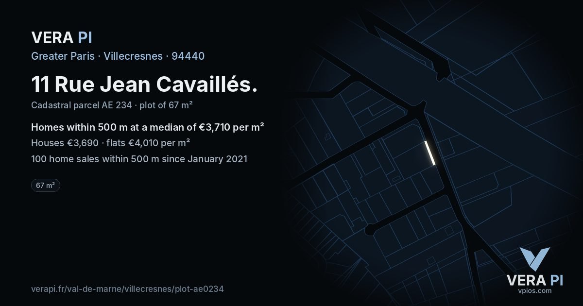11 Rue Jean Cavaillés, Villecresnes at night – the plot lit, the parcels around coloured by the prices near them