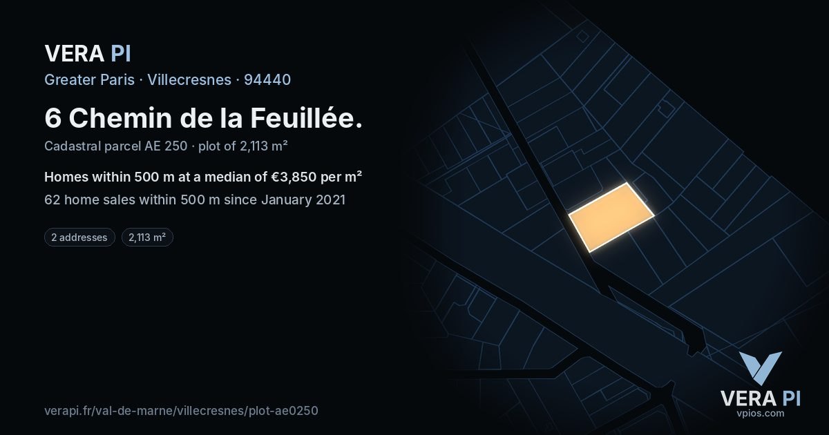 6 Chemin de la Feuillée, Villecresnes at night – the plot lit, the parcels around coloured by the prices near them