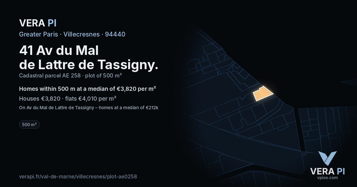 41 Av du Mal de Lattre de Tassigny, Villecresnes at night – the plot lit, the parcels around coloured by the prices near them