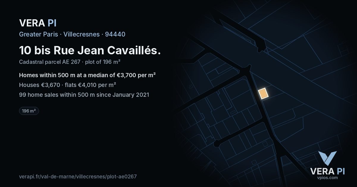 10 bis Rue Jean Cavaillés, Villecresnes at night – the plot lit, the parcels around coloured by the prices near them