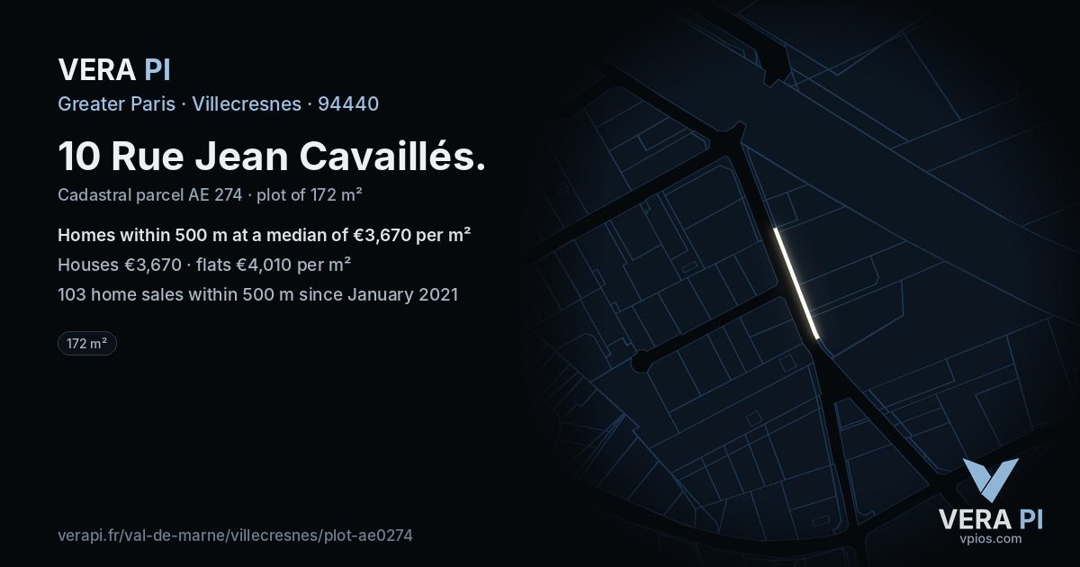 10 Rue Jean Cavaillés, Villecresnes at night – the plot lit, the parcels around coloured by the prices near them