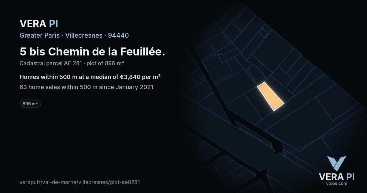 5 bis Chemin de la Feuillée, Villecresnes at night – the plot lit, the parcels around coloured by the prices near them