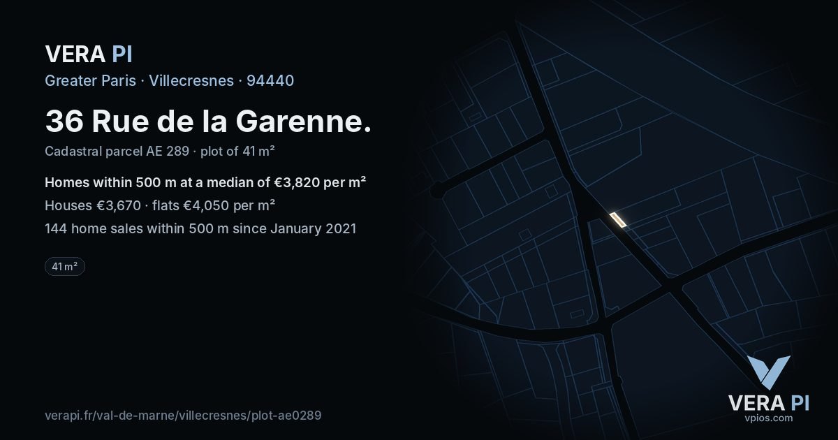 36 Rue de la Garenne, Villecresnes at night – the plot lit, the parcels around coloured by the prices near them
