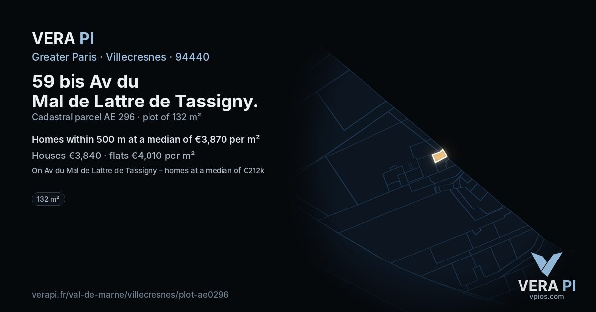 59 bis Av du Mal de Lattre de Tassigny, Villecresnes at night – the plot lit, the parcels around coloured by the prices near them