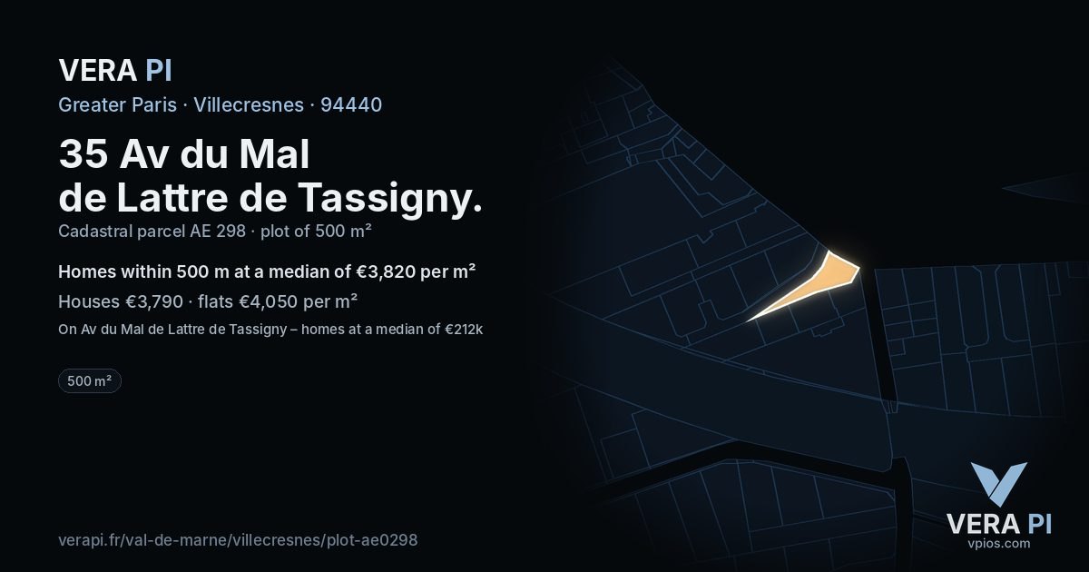 35 Av du Mal de Lattre de Tassigny, Villecresnes at night – the plot lit, the parcels around coloured by the prices near them
