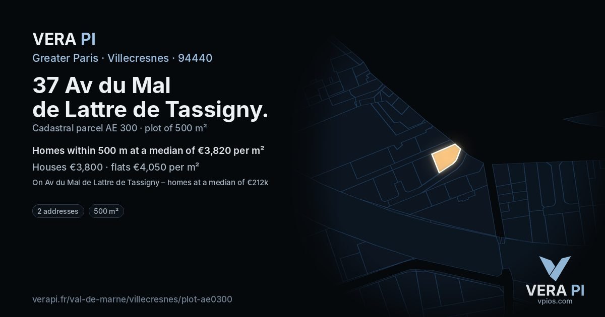 37 Av du Mal de Lattre de Tassigny, Villecresnes at night – the plot lit, the parcels around coloured by the prices near them