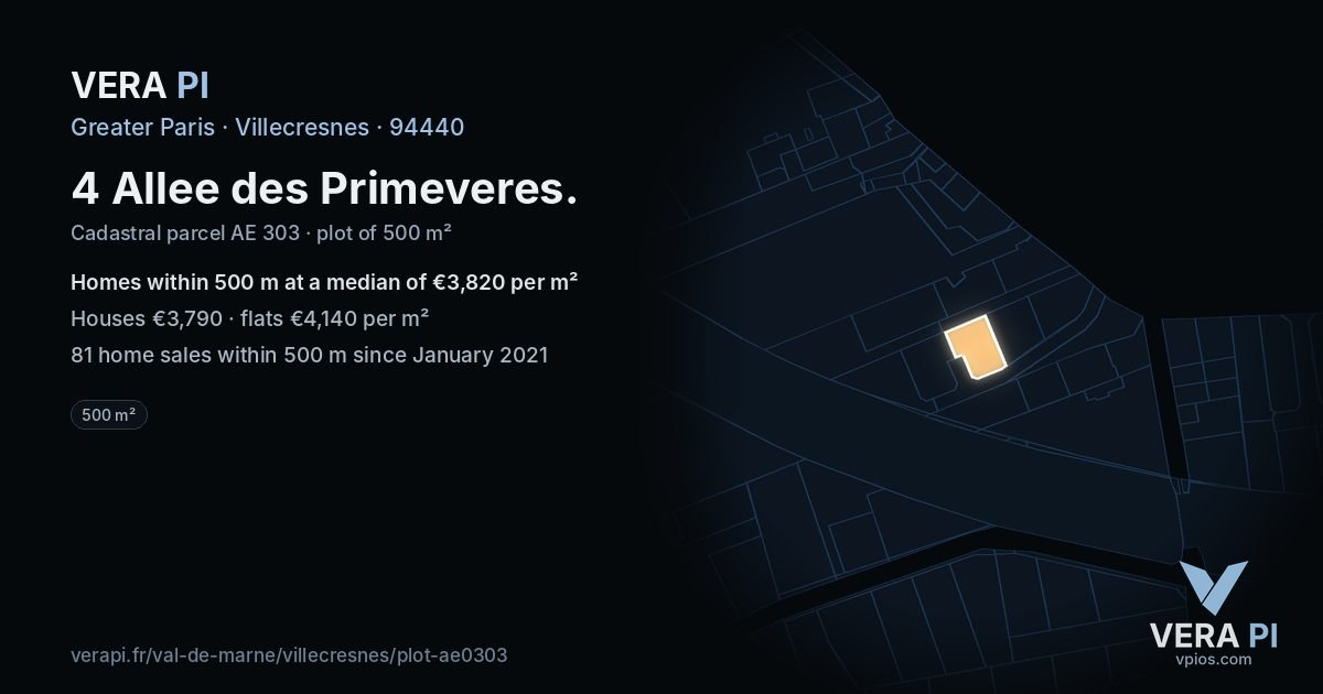 4 Allee des Primeveres, Villecresnes at night – the plot lit, the parcels around coloured by the prices near them