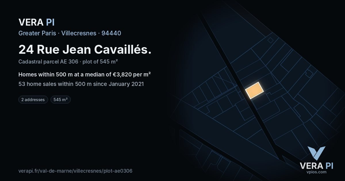 24 Rue Jean Cavaillés, Villecresnes at night – the plot lit, the parcels around coloured by the prices near them