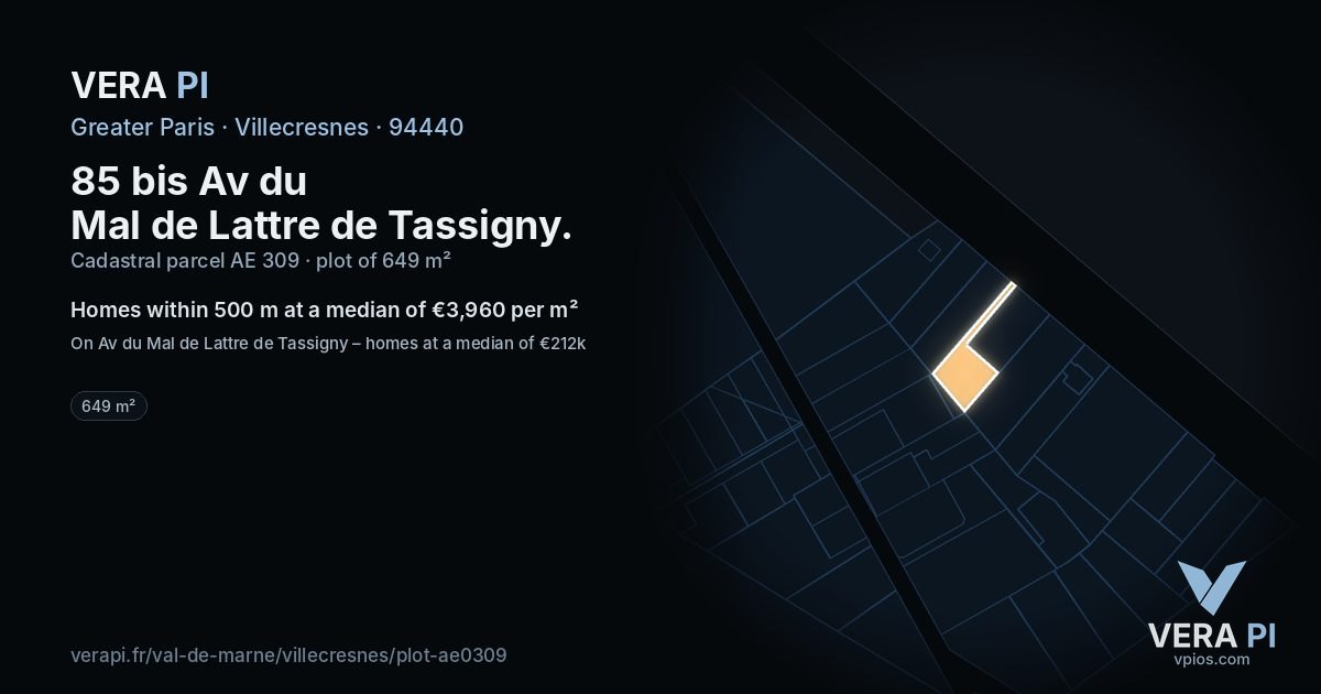85 bis Av du Mal de Lattre de Tassigny, Villecresnes at night – the plot lit, the parcels around coloured by the prices near them
