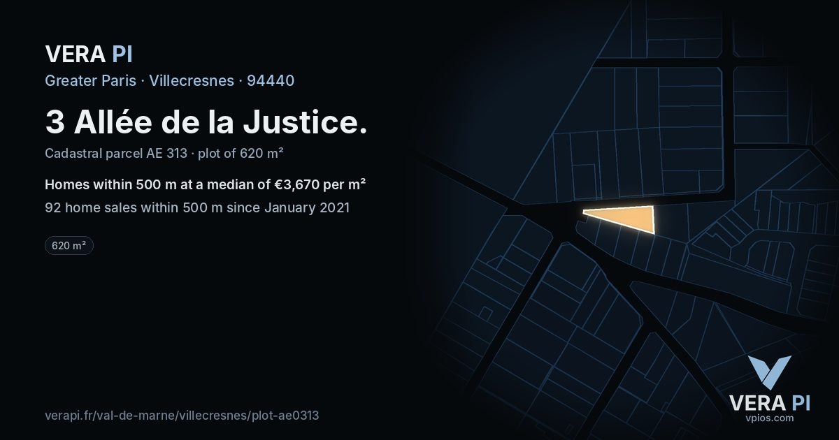 3 Allée de la Justice, Villecresnes at night – the plot lit, the parcels around coloured by the prices near them