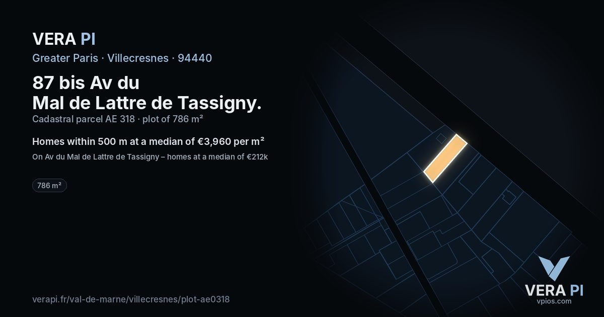 87 bis Av du Mal de Lattre de Tassigny, Villecresnes at night – the plot lit, the parcels around coloured by the prices near them