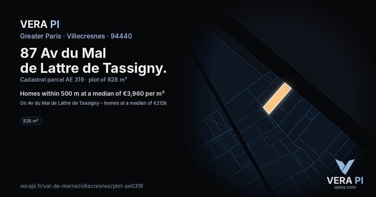87 Av du Mal de Lattre de Tassigny, Villecresnes at night – the plot lit, the parcels around coloured by the prices near them