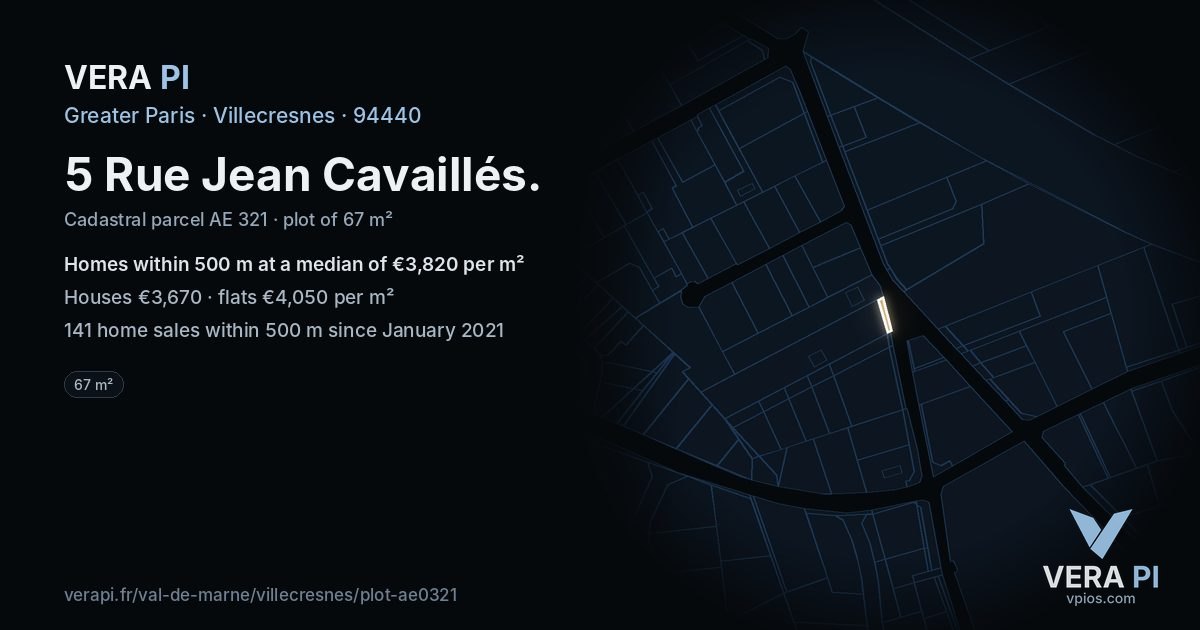 5 Rue Jean Cavaillés, Villecresnes at night – the plot lit, the parcels around coloured by the prices near them