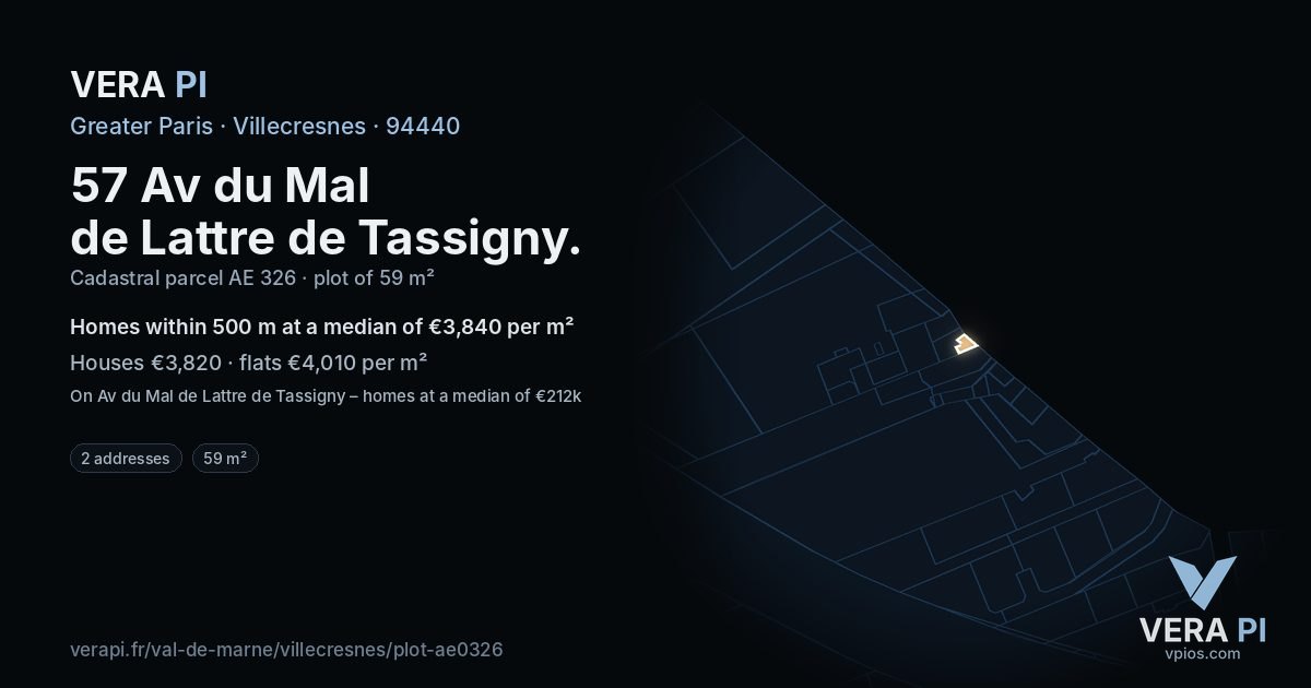 57 Av du Mal de Lattre de Tassigny, Villecresnes at night – the plot lit, the parcels around coloured by the prices near them