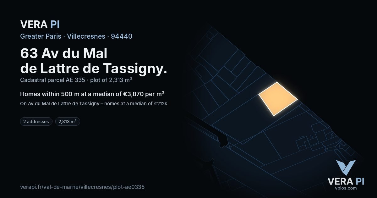 63 Av du Mal de Lattre de Tassigny, Villecresnes at night – the plot lit, the parcels around coloured by the prices near them