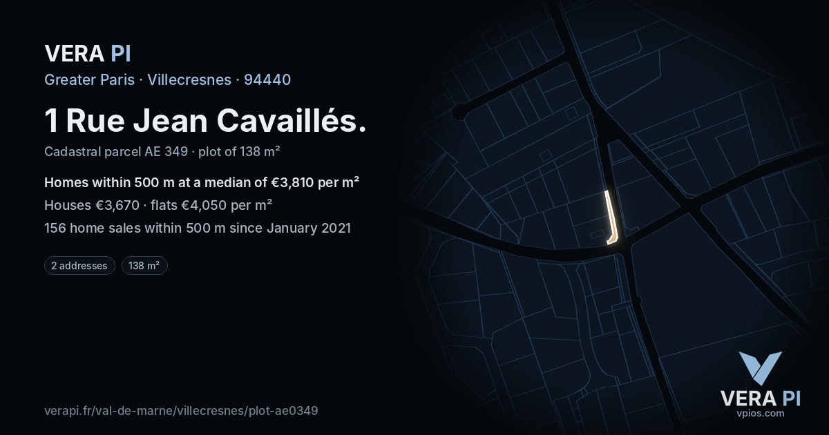 1 Rue Jean Cavaillés, Villecresnes at night – the plot lit, the parcels around coloured by the prices near them