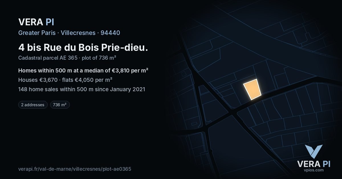 4 bis Rue du Bois Prie-dieu, Villecresnes at night – the plot lit, the parcels around coloured by the prices near them