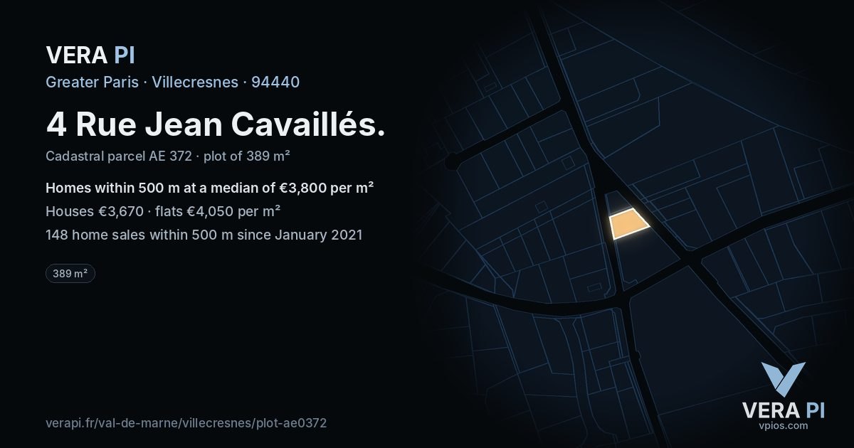 4 Rue Jean Cavaillés, Villecresnes at night – the plot lit, the parcels around coloured by the prices near them