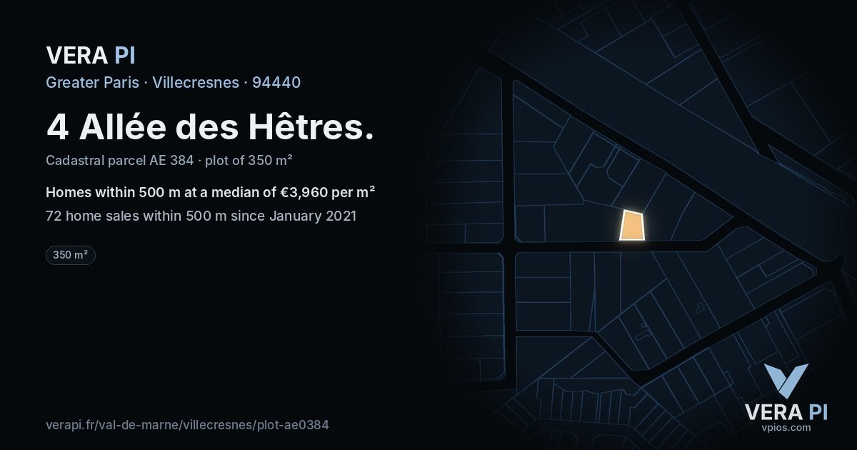4 Allée des Hêtres, Villecresnes at night – the plot lit, the parcels around coloured by the prices near them