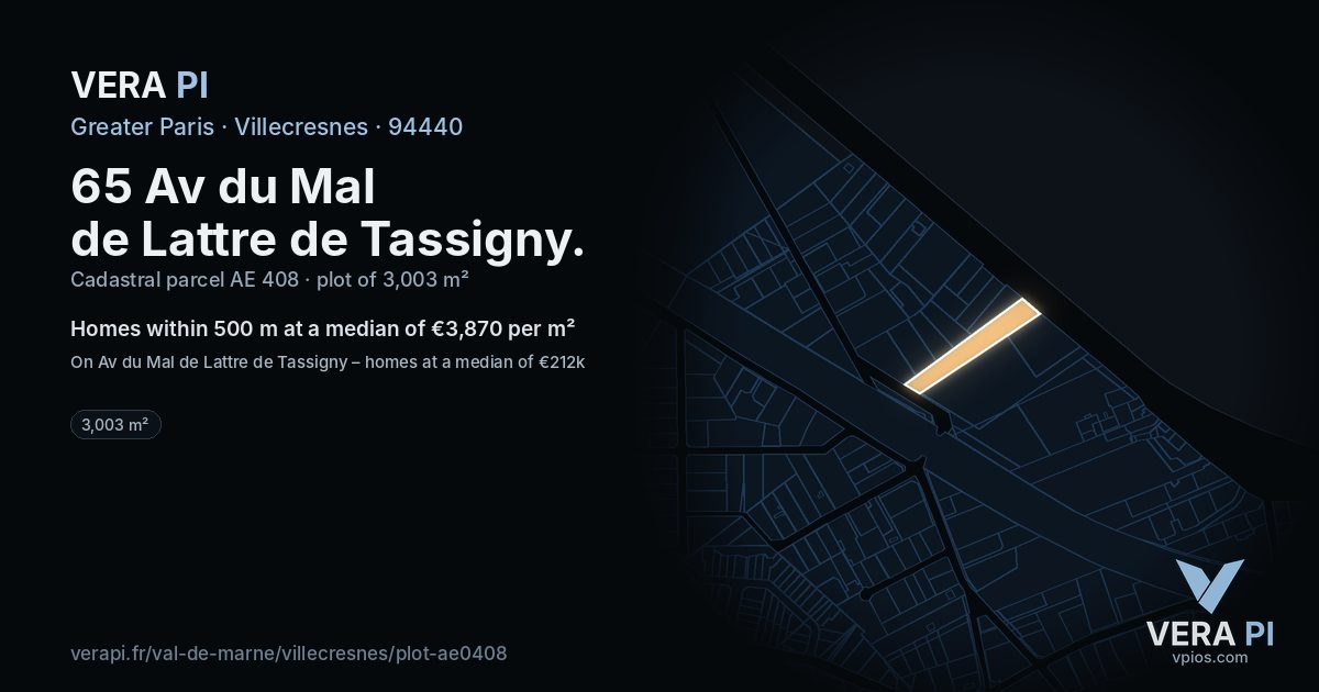 65 Av du Mal de Lattre de Tassigny, Villecresnes at night – the plot lit, the parcels around coloured by the prices near them