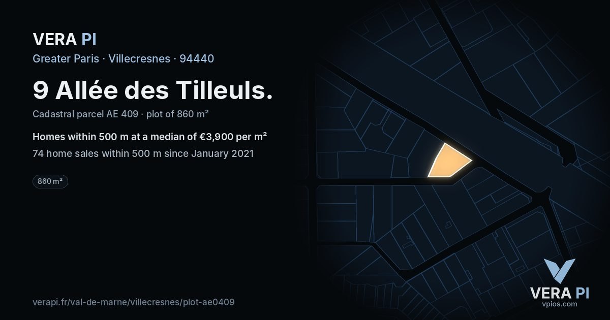 9 Allée des Tilleuls, Villecresnes at night – the plot lit, the parcels around coloured by the prices near them