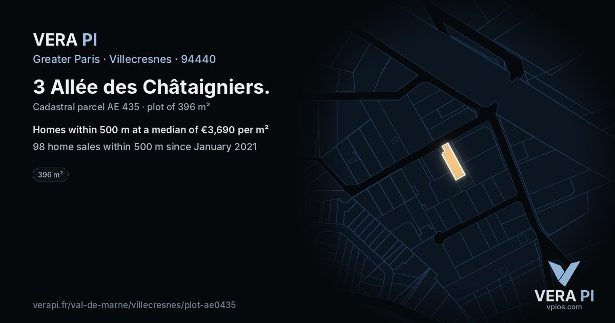 3 Allée des Châtaigniers, Villecresnes at night – the plot lit, the parcels around coloured by the prices near them