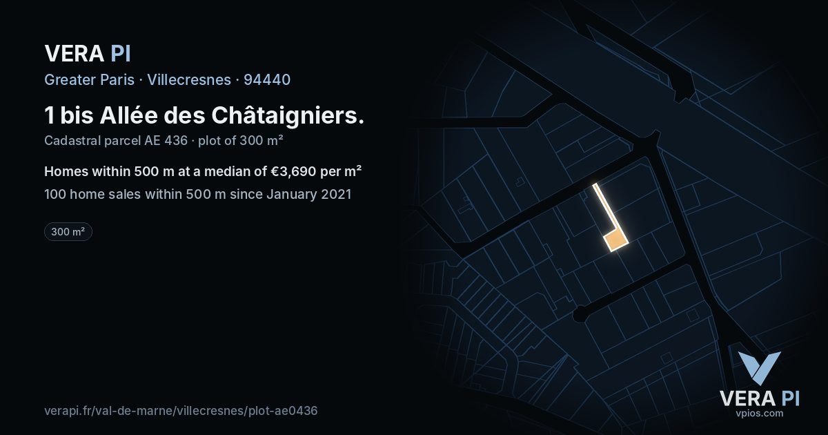 1 bis Allée des Châtaigniers, Villecresnes at night – the plot lit, the parcels around coloured by the prices near them
