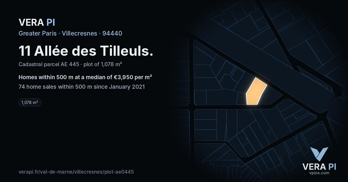 11 Allée des Tilleuls, Villecresnes at night – the plot lit, the parcels around coloured by the prices near them
