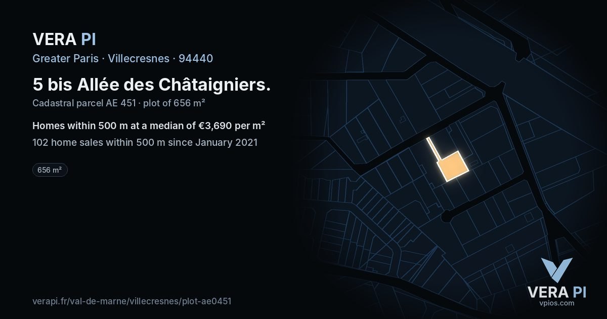 5 bis Allée des Châtaigniers, Villecresnes at night – the plot lit, the parcels around coloured by the prices near them