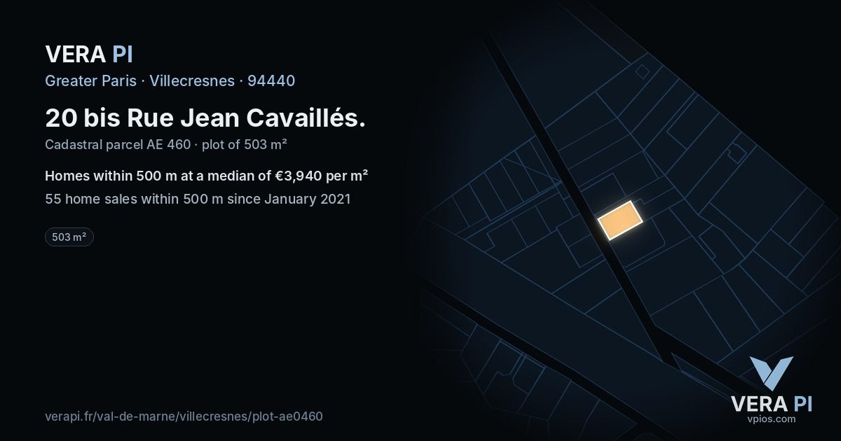 20 bis Rue Jean Cavaillés, Villecresnes at night – the plot lit, the parcels around coloured by the prices near them