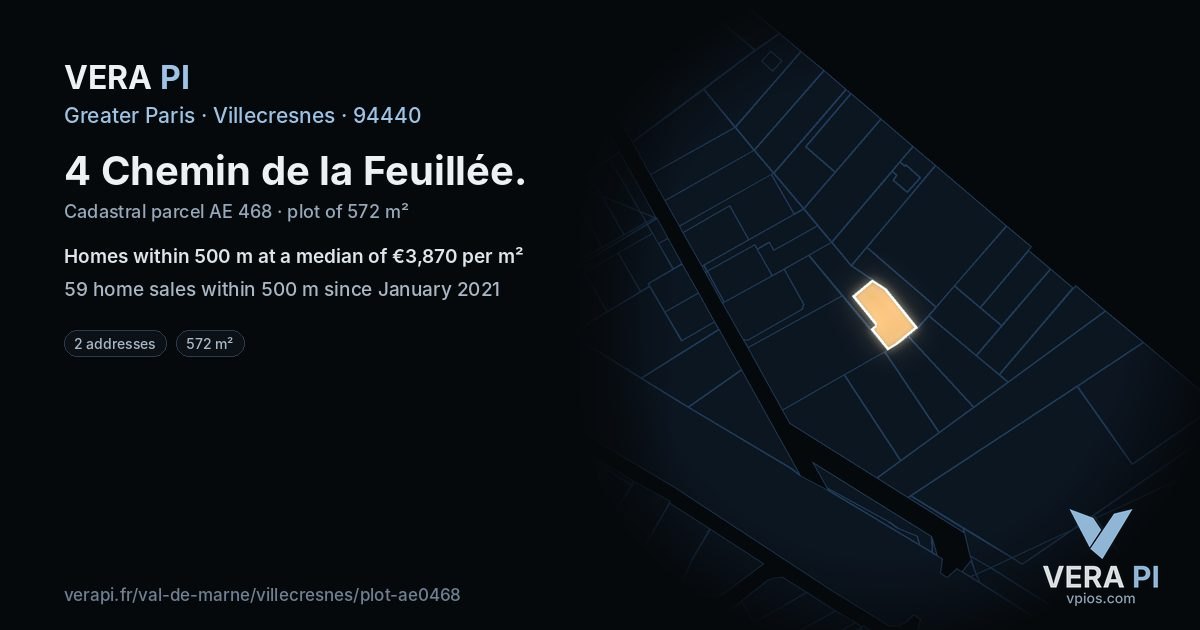 4 Chemin de la Feuillée, Villecresnes at night – the plot lit, the parcels around coloured by the prices near them