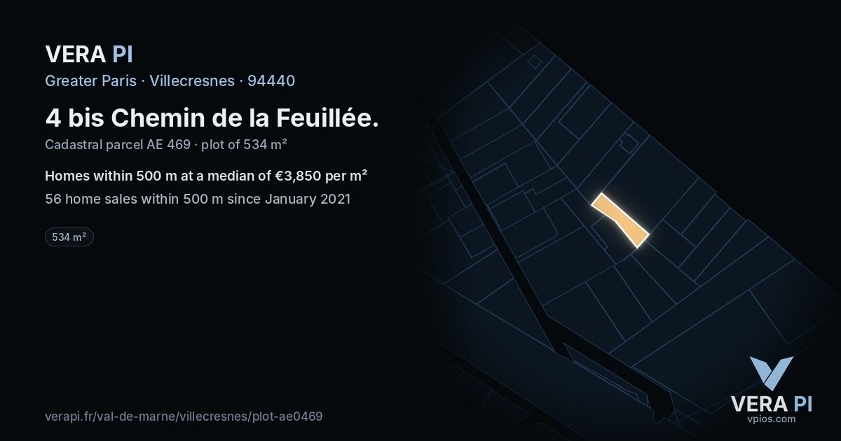 4 bis Chemin de la Feuillée, Villecresnes at night – the plot lit, the parcels around coloured by the prices near them